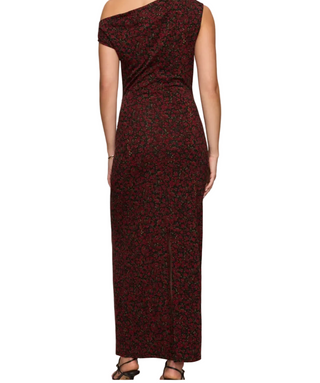 a woman wearing a Z Supply Fremont Dani Floral Maxi Dress.  black with red floral all over floral print.
