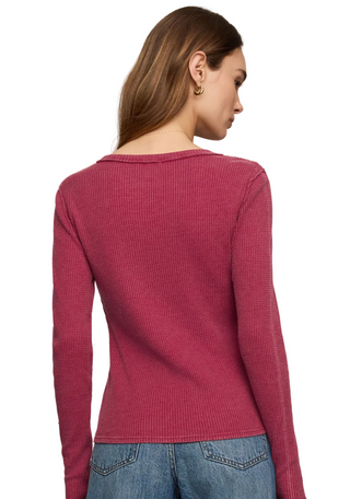 a woman wearing a Z Supply Arlet Thermal Top - Red Dahlia
