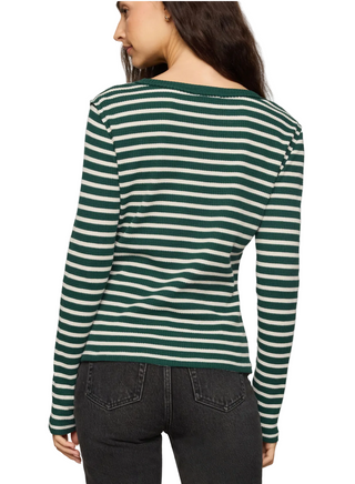 a woman wearing a Z Supply Arlet Stripe Thermal Top - Velvet Green