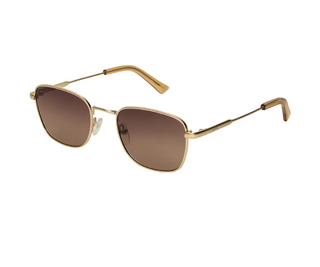 Gold-framed sunglasses with a unique nose piece on a white background