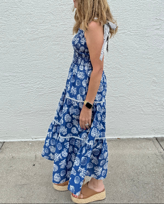 Seashell Tube Neck Strapless Flare Midi Dress - Blue