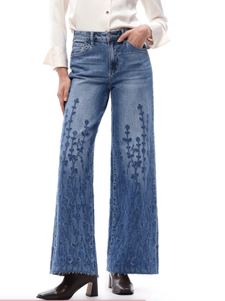 Bayeas High Rise Denim Floral Embroidered Wide Leg Jeans