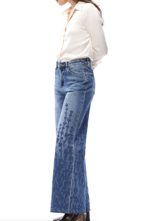 Bayeas High Rise Denim Floral Embroidered Wide Leg Jeans