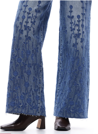 Bayeas High Rise Denim Floral Embroidered Wide Leg Jeans