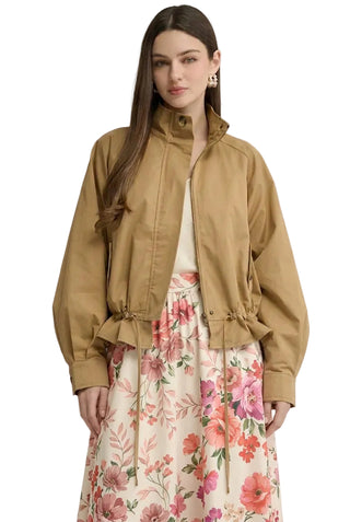 Front view of golden-tan jacket with stand collar, zip front, long sleeves, and drawstring hem
