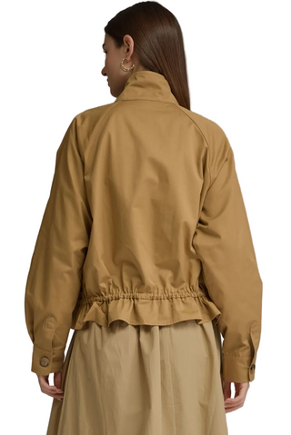 Back view of golden-tan jacket with stand collar, zip front, long sleeves, and drawstring hem