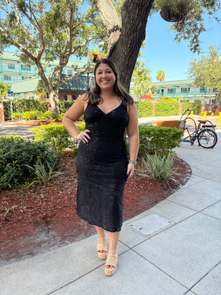 Sequin Lace Midi Dress Black sleeveless v neck
