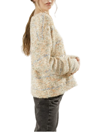 Shaggy Confetti Sweater is a pullover sweater that features a v neck , long sleeve  and loose body.  34% Acrylic 33% Nylon 33% Polyester back view.