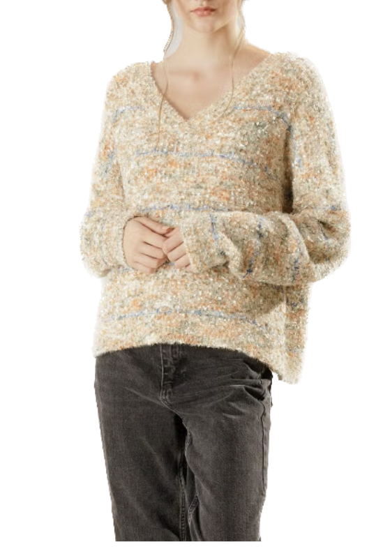 Shaggy Confetti Sweater is a pullover sweater that features a v neck , long sleeve  and loose body.  34% Acrylic 33% Nylon 33% Polyester