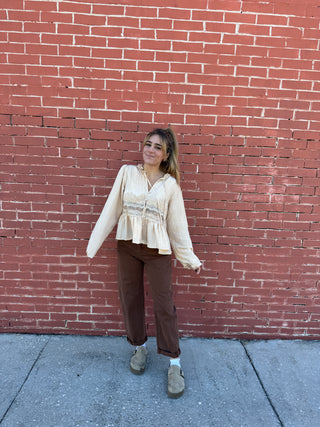 Sheer Lace Detail Blouse Cream Long Sleeve Button front with tie at the neck 