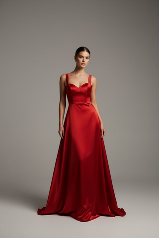 woman wearing a red long gown against a plain backgroun