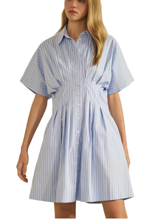 Woman wearing a blue and white striped dress against a neutral background