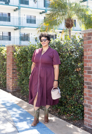  Short Sleeve Zip Front Midi Dress  cranberry