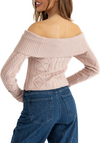 A blush off-the-shoulder sweater with a zip-up detail is a fashionable and versatile wardrobe item that combines a delicate color with an alluring neckline and convenient zip-up closure. It's a perfect choice for adding a touch of romance and style to your outfits, while also ensuring comfort and warmth.(back)
