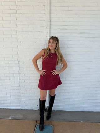 Sleeveless Faux Suede Mini Dress Burgundy Zipper back Pockets