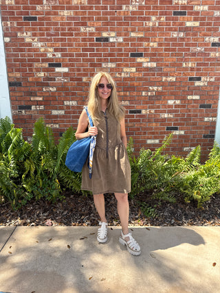 Sleeveless Zip Up Twill Short Mini Dress Brown pockets