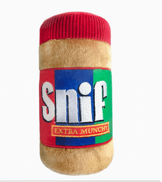 Dog toy resembling a peanut butter and jelly sandwich with 'Snif' branding on a white background
