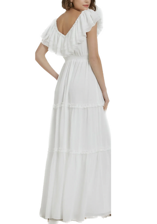 Snow White Maxi Dress features a knot embroidered design with a ruffle tier. Back View.  100% Polyester