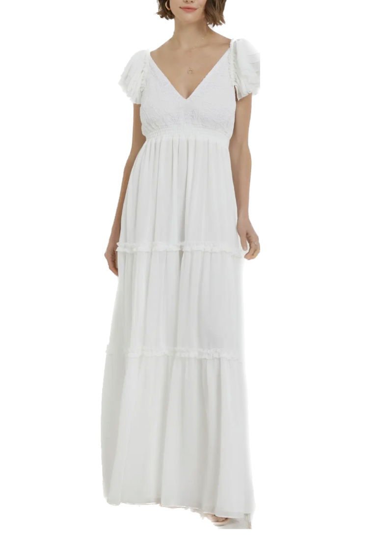 Snow White Maxi Dress features a knot embroidered design with a ruffle tier.   100% Polyester