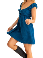Softly Sapphire Corduroy Babydoll Dress  Soft corduroy mini babydoll dress with elastic at neckline, arms and empire waist  100% Polyester side