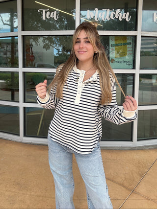 Stripe Henley Snap Button Long Sleeve Knit Top Navy Cream