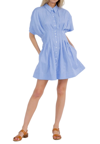 woman wearing Striped Shirt Dress - Blue
