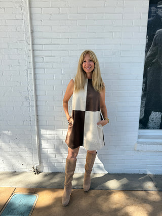Suede Shift Mini Dress Brown Cream Pockets single button on back closure