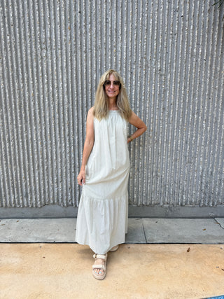 Striped Loose Fit Maxi Dress Tan and White