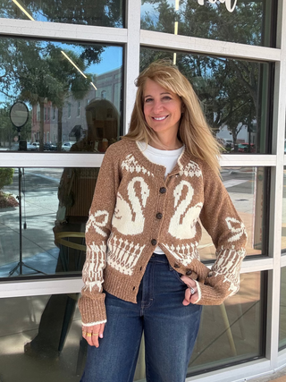 Swan Crew Neck Cardigan Sweater wood buttons cream and brown 