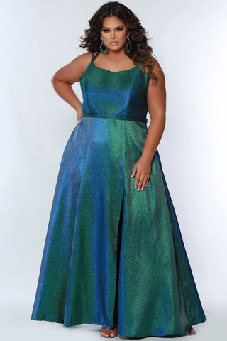 Woman wearing a green and blue gradient evening gown on a white background