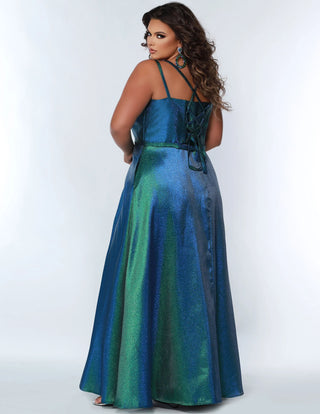 Woman wearing a blue and green evening gown on a white background