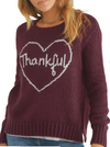 Thankful Heart Crew Sweater  The perfect addition to your Thanksgiving outfit. Super soft and cozy, this chunky knit crew has a flattering, relaxed fit due to it's slouchy style. The word "Thankful" with a Heart graphic is knit directly into the center.  Composition: 76% Acrylic, 12% Mohair and 12% Wool 