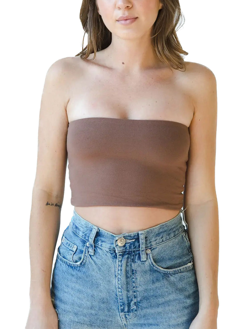 The Hunter Bandeau Dark Nude  Luxurious and substantial, the Hunter Double Layer Bandeau is a buttery, strapless crop top that's totally got you covered!  Wear this cropped tube top alone or under your fav coverings. Rich in color and texture, this bandeau holds you in without making you feel like you're holding your breath!   • Fabric: 87% Viscose from Bamboo, 13% Spandex