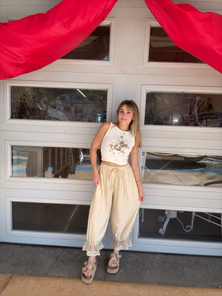 Tie Front Bloomer Pant Cream lace bottom