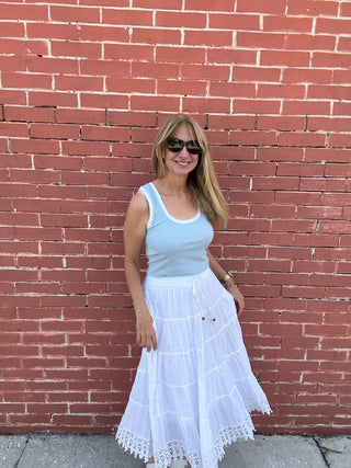 white lace trimmed maxi skirt