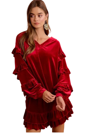 a woman wearing Velvet Ruffled Shorts - Crimson