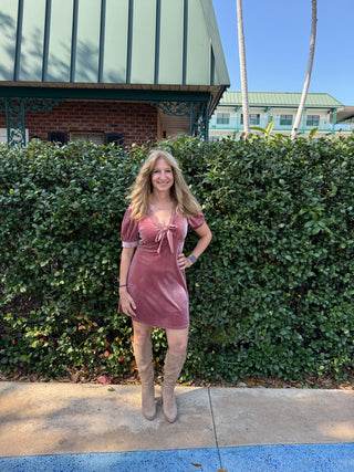  Velvet Short Sleeve Bow Dress Mauve Lace Detail