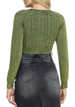 Wearing this cardigan evokes a sense of nostalgia and classic style. Its distressed green color, cropped length, and brass buttons come together to create a unique and captivating fashion statement, perfect for those who appreciate the beauty of vintage-inspired clothing with a modern twist.(back)