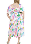 Water Color Pastel Dress has a water color pattern, puff sleeve, square neck, tiered maxi dress and smoking at the back.  Back View.    100% Polyester