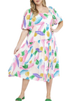 Water Color Pastel Dress has a water color pattern, puff sleeve, square neck, tiered maxi dress and smoking at the back.      100% Polyester