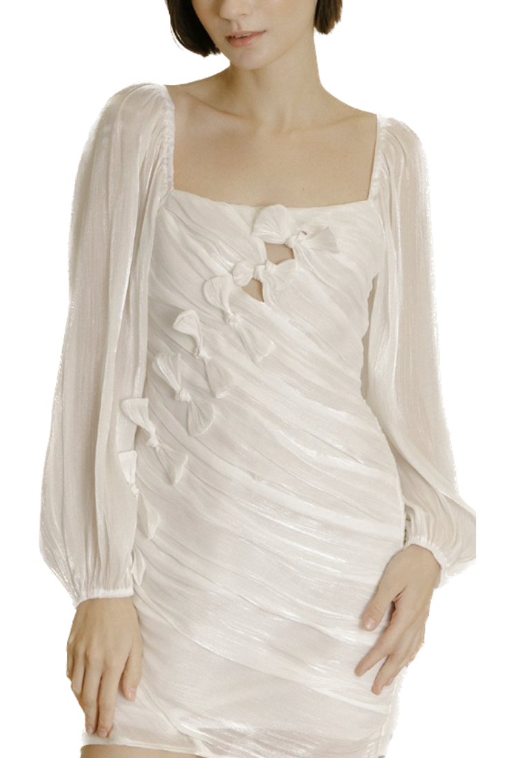  This Wedding Gift Dress has a bow detail, bodycon fit, sheer sleeve and rouched back.   100% Polyester
