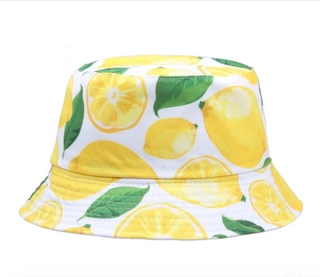 White Bucket Hat – Yellow Lemons & Green Leaves | Summer Sun Hat
