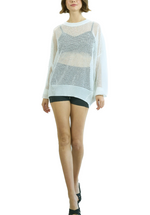 White Drop Knit Sweater Top  White Drop Knit Sweater Top features a tunic length sheer mesh knit top.  Material: 75% Rayon, 25% Polyester