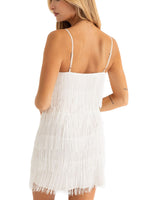 White Fancy Fringe Dress is a fringe satin mini dress with a side zipper. Back View.  97% Polyester     3% Spandex