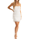 White Fancy Fringe Dress is a fringe satin mini dress with a side zipper.   97% Polyester     3% Spandex