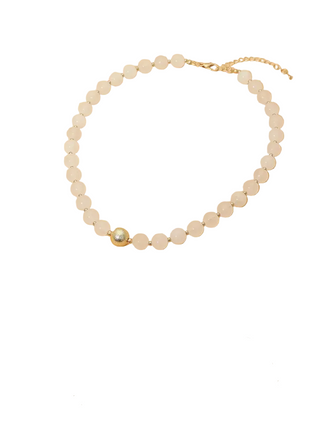 Four-panel product collage showing beaded necklaces: a white stone necklace, a gray-green stone necklace, a dark blue stone necklace, and close-up lifestyle views of a model wearing the necklaces. Each necklace has round beads and a small gold accent bead with a gold clasp.