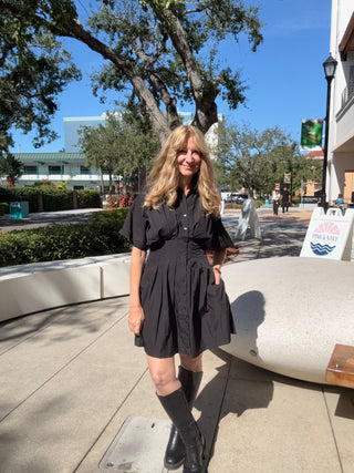 Wide Pintuck Short Dress Black pockets short sleeve