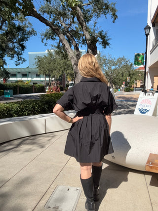 Wide Pintuck Short Dress Black