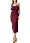 Wearing this dress, you'll exude confidence and allure, in its striking merlot color combined with the leg slit and upper ruffle detail will make you the center of attention wherever you go. It's a perfect choice for those who want to make a stylish statement with a hint of sensuality.
