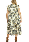 Woodland Palms Dress features a v-neck printed design, ruffle detail and has pockets. Back View. 100% Polyester